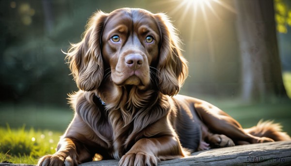 HQ,solo,brown eyes,yellow eyes,outdoors,lying,day,signature,blurry,tree,no humans,depth of field,blurry background,animal,sunlight,grass,on stomach,dog,realistic,animal focus,looking at viewer,artist name,book,watermark,nature,web address,forest,light rays,deviantart username