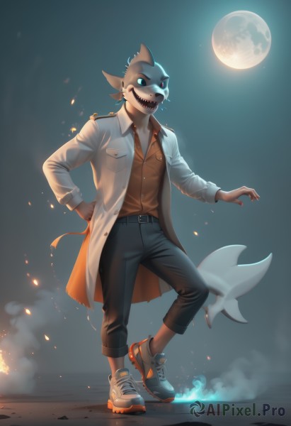 solo,looking at viewer,smile,open mouth,blue eyes,shirt,1boy,standing,tail,full body,male focus,open clothes,shoes,teeth,belt,pants,coat,hand on hip,night,glowing,black pants,moon,fire,sharp teeth,sneakers,glowing eyes,furry,full moon,personification,pocket,labcoat,white coat,orange shirt,fish tail,shark tail,shark girl,red eyes,long sleeves,white shirt,collared shirt,artist name,nail polish,vest,mask,heterochromia,standing on one leg,colored sclera,black sclera,furry male,brown pants,head fins,brown vest,orange vest