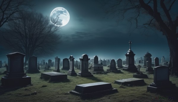 outdoors,sky,cloud,tree,no humans,night,moon,cloudy sky,grass,cross,building,night sky,scenery,full moon,ruins,bare tree,castle,tombstone,graveyard,grave,dark,statue,moonlight