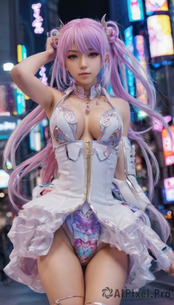 1girl,solo,long hair,breasts,looking at viewer,bangs,blue eyes,hair ornament,thighhighs,dress,cleavage,bare shoulders,jewelry,medium breasts,pink hair,cowboy shot,parted lips,detached sleeves,armpits,hair bun,white dress,blurry,arm up,leotard,lips,double bun,thigh strap,detached collar,blurry background,thigh gap,arm behind head,realistic,white leotard,skirt,large breasts,twintails,purple hair,thighs,outdoors,gem,zipper,science fiction,city,hand on own head