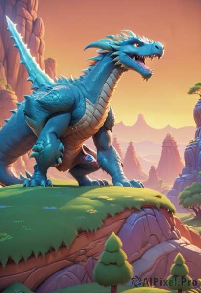 open mouth,standing,tail,yellow eyes,outdoors,sky,teeth,tree,orange eyes,no humans,fangs,grass,sharp teeth,claws,sunset,monster,mountain,dragon,scales,orange sky,solo,weapon,horns,tongue,cliff,dinosaur