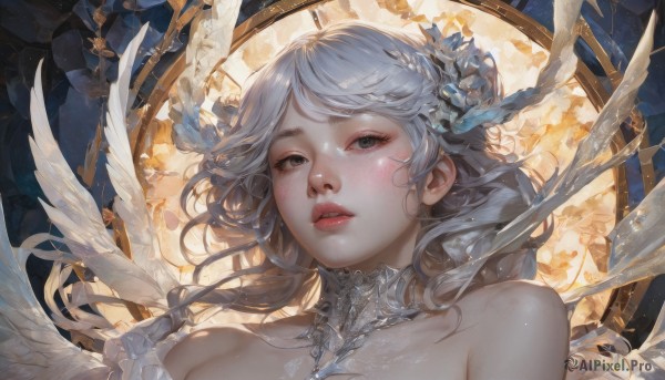 1girl,solo,long hair,looking at viewer,bangs,hair ornament,bare shoulders,upper body,braid,flower,white hair,grey hair,parted lips,wings,artist name,hair flower,lips,grey eyes,eyelashes,detached collar,floating hair,portrait,feathered wings,realistic,nose,white wings,red lips,blush,collarbone,teeth,angel wings,angel