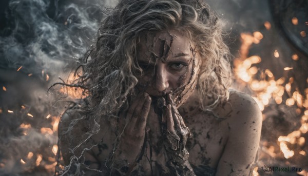 1girl,solo,long hair,looking at viewer,blue eyes,blonde hair,bare shoulders,upper body,nude,blurry,lips,grey eyes,hands up,wavy hair,fire,messy hair,smoke,one eye covered,1boy,jewelry,white hair,grey hair,blurry background,scar,eyepatch,own hands together,freckles