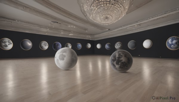 indoors,no humans,scenery,reflection,realistic,space,planet,orb,earth (planet),shadow,science fiction,wooden floor,spacecraft,concept art,still life