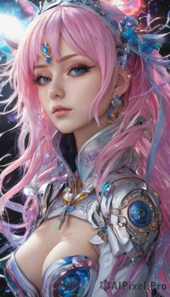 1girl,solo,long hair,breasts,looking at viewer,bangs,blue eyes,large breasts,hair ornament,cleavage,jewelry,medium breasts,closed mouth,upper body,pink hair,hairband,earrings,lips,clothing cutout,eyelashes,makeup,cleavage cutout,gem,eyeshadow,realistic,nose,space,mascara,parted lips,artist name,armor,expressionless,tiara,light particles,pink lips