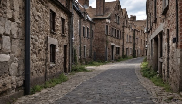 outdoors,sky,day,cloud,blue sky,no humans,window,shadow,cloudy sky,grass,building,scenery,door,road,wall,ruins,house,brick wall,street,plant,path,town,pavement,stone floor,stone wall