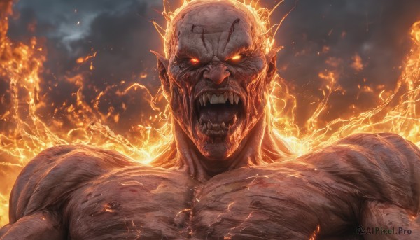 solo,looking at viewer,open mouth,red eyes,1boy,upper body,male focus,sky,teeth,cloud,orange eyes,blood,muscular,glowing,fangs,fire,sharp teeth,glowing eyes,veins,monster,bald,manly,pointy ears,scar,pectorals,topless male,lightning,embers,burning