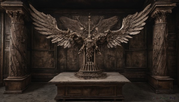 solo,holding,wings,indoors,no humans,halo,cross,scenery,feathered wings,angel wings,angel,pillar,statue,multiple wings,weapon,sword,chain,skull,throne,column