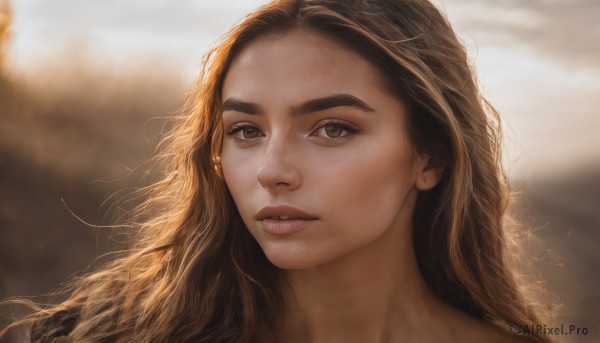 1girl,solo,long hair,looking at viewer,brown hair,brown eyes,closed mouth,outdoors,blurry,lips,eyelashes,blurry background,wavy hair,portrait,forehead,freckles,realistic,nose,jewelry,earrings,parted lips,sky,cloud,depth of field,expressionless,sunlight,thick eyebrows,cloudy sky,close-up,backlighting