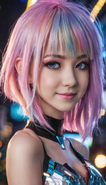 1girl,solo,breasts,looking at viewer,smile,short hair,bangs,blue eyes,cleavage,bare shoulders,medium breasts,closed mouth,upper body,pink hair,multicolored hair,horns,choker,artist name,blurry,lips,eyelashes,makeup,blurry background,realistic,nose,bokeh,jewelry,earrings,small breasts,signature,bra,gradient hair,depth of field,bob cut,lipstick,portrait,science fiction,pink lips,cyborg,mascara,cyberpunk