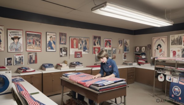 1girl,solo,smile,short hair,open mouth,bangs,brown hair,shirt,long sleeves,sitting,closed eyes,collared shirt,indoors,bag,uniform,book,chair,table,blue shirt,box,desk,sleeves rolled up,pen,photo (object),poster (object),american flag,union jack,1boy,male focus,scenery,clock,lamp