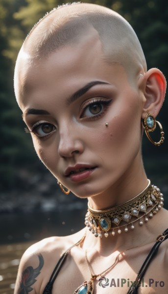 1girl,solo,looking at viewer,short hair,bare shoulders,brown eyes,jewelry,collarbone,upper body,earrings,outdoors,choker,necklace,bra,mole,blurry,lips,mole under eye,tattoo,makeup,blurry background,piercing,black bra,ear piercing,portrait,freckles,realistic,nose,bald,very short hair,shoulder tattoo,neck tattoo,buzz cut,parted lips,eyelashes,gem