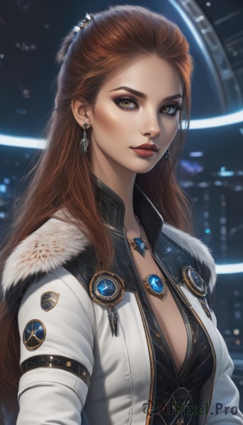 1girl,solo,long hair,breasts,looking at viewer,brown hair,long sleeves,cleavage,brown eyes,jewelry,medium breasts,closed mouth,jacket,yellow eyes,upper body,earrings,open clothes,necklace,blurry,lips,coat,fur trim,eyelashes,makeup,blurry background,white jacket,lipstick,gem,forehead,eyeshadow,half updo,realistic,nose,red lips,eyeliner,hair pulled back,hair ornament,small breasts,artist name,signature,pendant,freckles,science fiction,fur collar,mascara