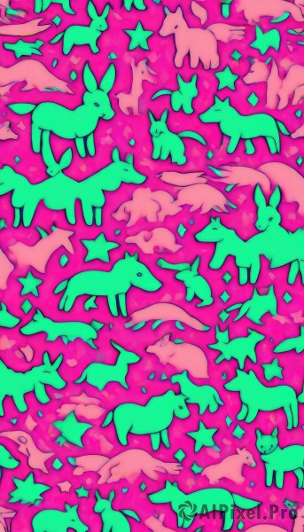 closed mouth,closed eyes,lying,star (symbol),no humans,:3,animal,cat,pink background,dog,rabbit,animal focus,pink theme,fox,too many,. .,deer,sparkle,colorful,surreal,pig,pastel colors