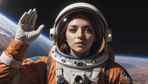 1girl,solo,looking at viewer,brown hair,gloves,brown eyes,upper body,white gloves,lips,helmet,realistic,nose,space,planet,earth (planet),american flag,spacesuit,space helmet,astronaut,short hair,parted lips,hand up,portrait,reflection,waving,salute,japanese flag