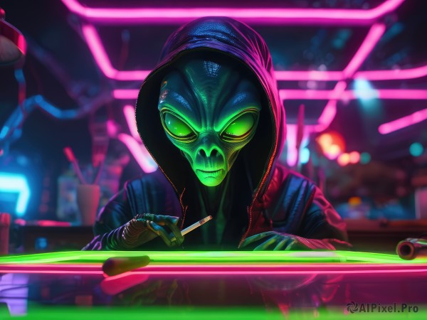 solo,looking at viewer,1boy,holding,green eyes,upper body,weapon,male focus,hood,blurry,mask,blurry background,glowing,glowing eyes,hood up,science fiction,cigarette,realistic,cyborg,alien,cyberpunk,neon lights,gloves,jacket,bodysuit,hoodie,smoke,smoking