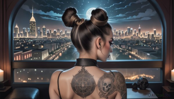 1girl,solo,short hair,brown hair,black hair,bare shoulders,jewelry,closed eyes,upper body,earrings,sky,choker,cloud,indoors,hair bun,from behind,lips,pillow,window,double bun,tattoo,night,back,black choker,piercing,moon,single hair bun,building,ear piercing,star (sky),night sky,full moon,starry sky,skull,city,cityscape,arm tattoo,shoulder tattoo,undercut,city lights,nape,back tattoo,skull earrings,water,tan,reflection