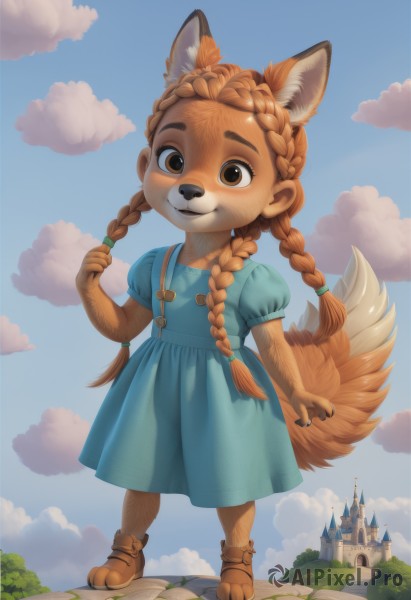 1girl,solo,long hair,looking at viewer,blush,smile,brown hair,dress,animal ears,twintails,brown eyes,closed mouth,standing,tail,full body,braid,short sleeves,outdoors,sky,shoes,day,puffy sleeves,artist name,cloud,hand up,twin braids,flat chest,tree,blue sky,puffy short sleeves,fox ears,blue dress,fox tail,watermark,sandals,happy,cloudy sky,fox girl,child,furry,freckles,hair tie,furry female,female child,body fur,holding hair,animal nose,castle,tower,snout,two-tone fur,playing with own hair,animal feet,orange fur,orange hair,animal ear fluff,thick eyebrows,grass,aged down,extra ears