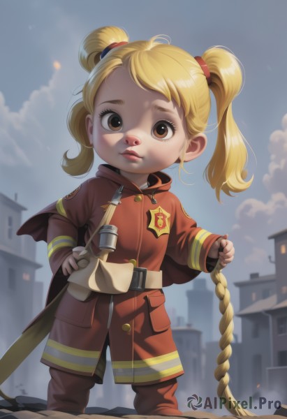 1girl,solo,looking at viewer,blonde hair,long sleeves,holding,twintails,brown eyes,closed mouth,standing,jacket,outdoors,parted lips,sky,belt,pants,cloud,medium hair,uniform,blue sky,lips,hand on hip,military,military uniform,capelet,cloudy sky,short twintails,building,child,rope,red jacket,city,female child,medal,long hair,weapon,freckles