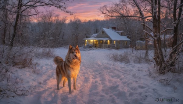 outdoors,sky,cloud,tree,no humans,window,animal,ground vehicle,building,nature,scenery,motor vehicle,snow,forest,sunset,dog,house,winter,bare tree,twilight,footprints,shiba inu,road,power lines