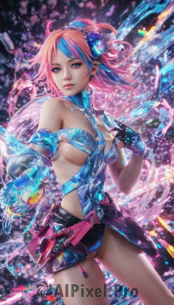 1girl,solo,long hair,breasts,looking at viewer,short hair,blue eyes,skirt,large breasts,hair ornament,gloves,cleavage,bare shoulders,jewelry,medium breasts,blue hair,standing,pink hair,multicolored hair,earrings,parted lips,belt,miniskirt,fingerless gloves,water,two-tone hair,lips,streaked hair,sideboob,armlet,realistic,nose,bangs,ponytail,cowboy shot,sleeveless,shiny,artist name,black skirt,underboob,watermark,ass visible through thighs,revealing clothes,armband,web address,blue gloves