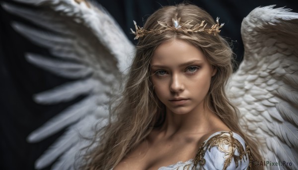 1girl,solo,long hair,breasts,looking at viewer,blue eyes,blonde hair,simple background,brown hair,cleavage,upper body,wings,lips,grey eyes,tiara,portrait,feathered wings,angel wings,realistic,nose,white wings,angel,freckles