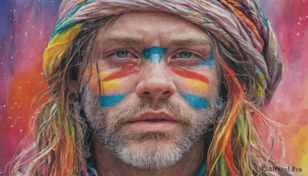 solo,long hair,looking at viewer,blue eyes,blonde hair,brown hair,1boy,closed mouth,male focus,multicolored hair,lips,grey eyes,facial hair,facial mark,traditional media,expressionless,feathers,portrait,beard,realistic,nose,painting (medium),facepaint,bodypaint,turban,paint splatter on face,artist name,orange hair,close-up,bandana,mustache,multicolored background