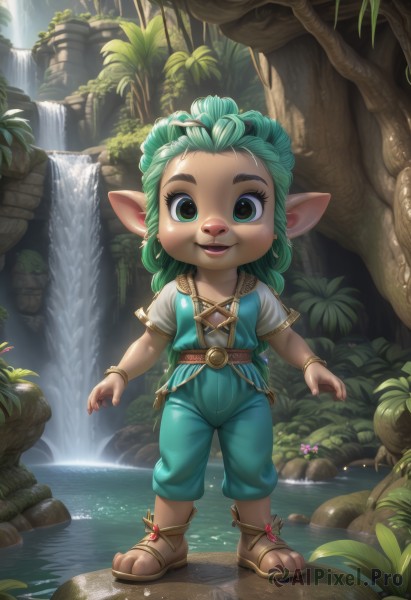 1girl,solo,long hair,looking at viewer,smile,open mouth,shirt,jewelry,green eyes,standing,full body,braid,flower,short sleeves,earrings,outdoors,green hair,day,pointy ears,belt,pants,water,bracelet,tree,sandals,plant,child,nature,furry,anklet,waterfall,baggy pants,blue eyes,teeth,artist name,vest,leaf,grass,bangle