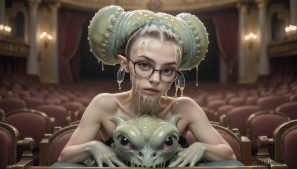 1girl,solo,looking at viewer,short hair,gloves,bare shoulders,jewelry,collarbone,upper body,grey hair,nude,multicolored hair,earrings,parted lips,glasses,pointy ears,indoors,hair bun,blurry,black eyes,lips,wet,grey eyes,double bun,depth of field,blurry background,animal,chair,black-framed eyewear,realistic,round eyewear,slime (substance),blue eyes,sitting,teeth,white gloves,cum,colored skin,monster girl,facial,forehead,monster,nose,lamp,sexually suggestive,creature,green skin,suggestive fluid,alien,goblin