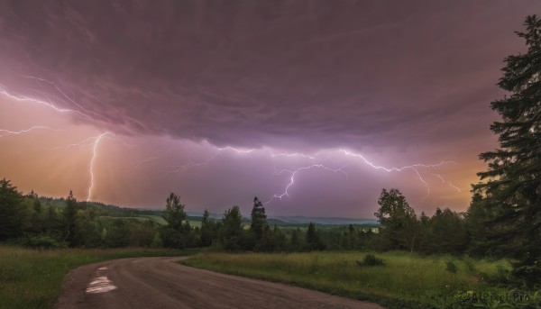 A vibrant lightning captured in sunset outdoors