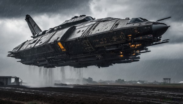 outdoors,sky,cloud,military,no humans,cloudy sky,building,scenery,science fiction,rain,realistic,aircraft,military vehicle,vehicle focus,spacecraft,day,signature,water,flying