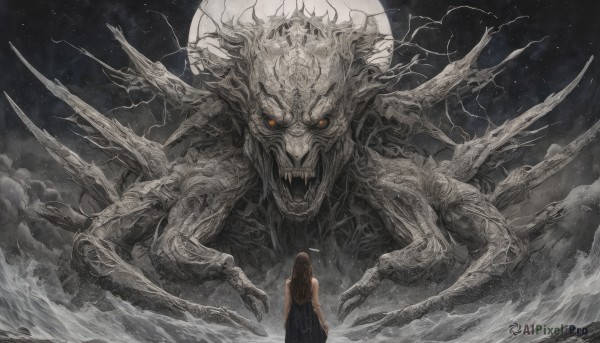 1girl,solo,long hair,brown hair,black hair,dress,bare shoulders,standing,outdoors,horns,sky,teeth,cloud,from behind,black dress,orange eyes,night,glowing,moon,sharp teeth,star (sky),night sky,glowing eyes,full moon,monster,fantasy,size difference,facing away,giant,extra arms,extra eyes,horror (theme),eldritch abomination,looking at viewer,open mouth,red eyes,wings,sleeveless,halo,tentacles