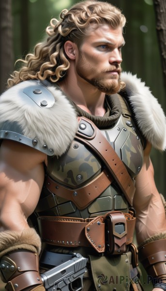 solo,long hair,blue eyes,blonde hair,brown hair,1boy,closed mouth,upper body,weapon,male focus,belt,holding weapon,armor,blurry,gun,looking to the side,fur trim,muscular,blurry background,facial hair,shoulder armor,nature,beard,handgun,forest,curly hair,pauldrons,breastplate,realistic,mustache,bracer,manly,animification,scar,serious