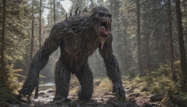 solo,open mouth,standing,outdoors,teeth,day,tongue,water,tree,no humans,fangs,sharp teeth,nature,scenery,claws,forest,monster,rock,dinosaur,realistic