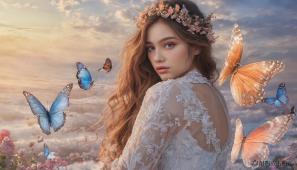 1girl, solo, long hair, looking at viewer, blue eyes, brown hair, upper body, flower, outdoors, sky, looking back, cloud, lips, rose, cloudy sky, bug, butterfly, realistic, nose, head wreath, blue butterfly