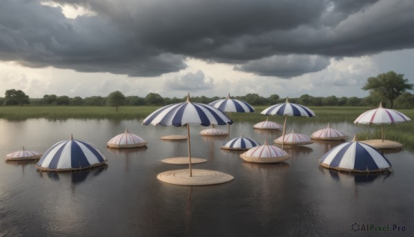 outdoors,sky,day,cloud,water,tree,no humans,umbrella,beach,cloudy sky,grass,nature,scenery,reflection,rain,parasol,beach umbrella,grey sky,reflective water,bush,lake