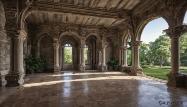 outdoors,sky,day,water,tree,blue sky,no humans,window,sunlight,grass,plant,scenery,reflection,stairs,bush,architecture,pillar,arch,column,cloud,reflective floor