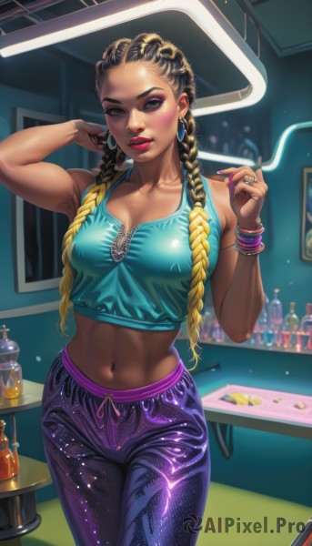 1girl,solo,long hair,breasts,looking at viewer,smile,blonde hair,large breasts,shirt,black hair,navel,holding,cleavage,bare shoulders,jewelry,medium breasts,green eyes,standing,collarbone,braid,multicolored hair,cowboy shot,earrings,parted lips,sleeveless,midriff,pants,artist name,indoors,hand up,dark skin,armpits,stomach,nail polish,arm up,twin braids,bracelet,two-tone hair,dark-skinned female,lips,crop top,fingernails,eyelashes,gradient hair,makeup,watermark,piercing,table,ring,thick eyebrows,tank top,bottle,blue shirt,lipstick,hair over shoulder,red nails,web address,forehead,pink nails,alcohol,eyeshadow,smoke,long fingernails,toned,cigarette,hoop earrings,pink lips,realistic,nose,smoking,red lips,eyeliner,navel piercing,holding cigarette,mascara,bar (place),purple pants,dreadlocks,multiple braids,brown hair,brown eyes,shiny,mole,abs,bangle