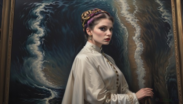 1girl,solo,looking at viewer,blue eyes,brown hair,long sleeves,dress,jewelry,upper body,purple hair,earrings,parted lips,water,hair bun,white dress,black eyes,lips,makeup,chinese clothes,single hair bun,realistic,red lips,waves,painting (object),fine art parody,breasts,short hair,black hair,teeth,puffy sleeves,necklace,from side,eyelashes,lipstick,nose,portrait (object)