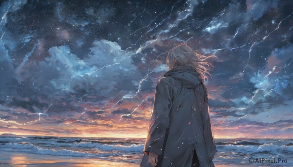 solo,long hair,long sleeves,1boy,standing,white hair,grey hair,male focus,outdoors,sky,pants,cloud,hood,medium hair,water,from behind,coat,night,floating hair,ocean,beach,hood down,cloudy sky,wind,star (sky),night sky,scenery,starry sky,sunset,sand,arms at sides,horizon,facing away,twilight,hooded coat,waves,shore,shooting star,constellation,jacket,grey coat,sunrise