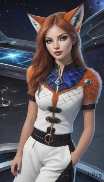 1girl,solo,long hair,breasts,looking at viewer,smile,blue eyes,brown hair,animal ears,jewelry,sky,belt,pants,nail polish,lips,fox ears,makeup,heterochromia,lipstick,brooch,star (sky),black nails,eyeshadow,starry sky,hand in pocket,white pants,red lips,space,bangs,brown eyes,medium breasts,standing,short sleeves,red hair,cowboy shot,artist name,fingernails,animal ear fluff,parted bangs,fox girl,gem,realistic,nose