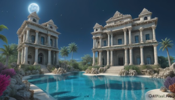 outdoors,sky,day,water,tree,blue sky,no humans,window,night,bird,ocean,beach,moon,building,night sky,scenery,full moon,reflection,rock,stairs,palm tree,shell,starfish,seashell,flower,plant,star (sky),architecture,ruins,castle,statue,moonlight,arch