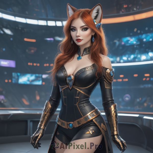 1girl,solo,long hair,breasts,looking at viewer,large breasts,brown hair,hair ornament,gloves,animal ears,cleavage,bare shoulders,brown eyes,jewelry,medium breasts,standing,cowboy shot,earrings,shorts,elbow gloves,belt,artist name,cat ears,mole,blurry,black dress,lips,fox ears,short shorts,makeup,detached collar,blurry background,wavy hair,black shorts,lipstick,brooch,ground vehicle,gauntlets,gem,mole under mouth,motor vehicle,red lips,smile,bangs,heart,red hair,orange hair,parted bangs,grey eyes,black bodysuit