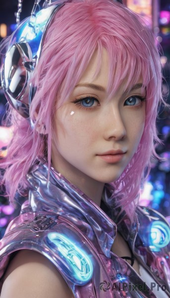 1girl,solo,looking at viewer,smile,short hair,bangs,blue eyes,jewelry,closed mouth,upper body,pink hair,sleeveless,necklace,blurry,vest,lips,blurry background,headphones,portrait,close-up,freckles,realistic,nose,hair between eyes,artist name,eyelashes,depth of field,watermark,science fiction,water drop,bokeh