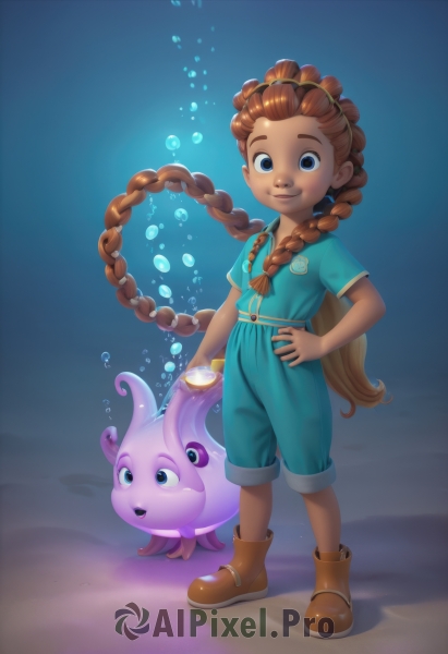 1girl,long hair,looking at viewer,smile,blue eyes,brown hair,shirt,very long hair,closed mouth,standing,full body,braid,short sleeves,hairband,boots,dark skin,twin braids,dark-skinned female,hand on hip,brown footwear,blue shirt,child,tentacles,bubble,underwater,female child,air bubble,octopus,solo,dress,jewelry,shorts,water,necklace,shadow,watermark,blue background,hands on hips,overalls,holding breath