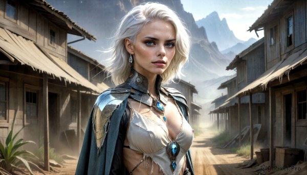 HQ,1girl,solo,breasts,looking at viewer,short hair,blue eyes,blonde hair,cleavage,jewelry,medium breasts,upper body,white hair,earrings,outdoors,parted lips,sky,day,cloud,medium hair,necklace,cape,armor,covered nipples,lips,torn clothes,plant,shoulder armor,building,gem,mountain,realistic,nose,fantasy,house,small breasts,makeup,sunlight