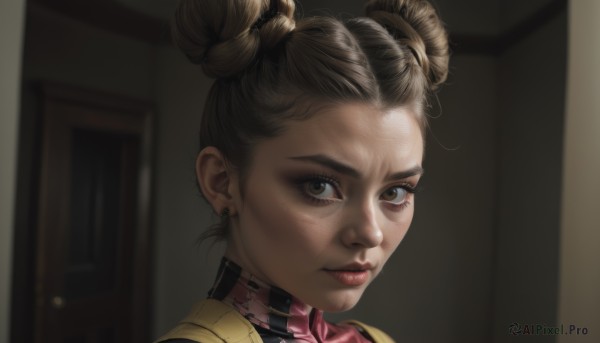 1girl,solo,looking at viewer,short hair,brown hair,brown eyes,jewelry,earrings,indoors,dark skin,hair bun,dark-skinned female,lips,double bun,bodysuit,makeup,portrait,freckles,realistic,door,hair behind ear,animification,black hair,closed mouth,blurry,nose