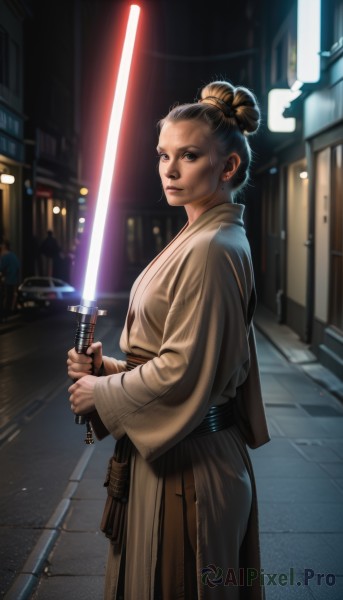 1girl,solo,looking at viewer,brown hair,black hair,holding,brown eyes,jewelry,standing,weapon,earrings,outdoors,belt,sword,hair bun,holding weapon,black eyes,lips,holding sword,single hair bun,ground vehicle,motor vehicle,science fiction,robe,city,realistic,nose,car,stud earrings,road,street,energy sword,lightsaber,japanese clothes,solo focus,signature,night,katana,building,topknot,cyberpunk,neon lights,crosswalk