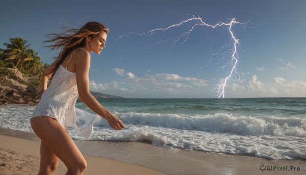 1girl,solo,long hair,brown hair,dress,bare shoulders,underwear,panties,closed eyes,outdoors,sky,day,cloud,dark skin,water,white dress,from side,tree,blue sky,lips,see-through,ocean,beach,wind,scenery,realistic,sand,palm tree,waves,shore,lightning