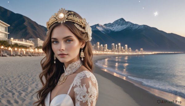 1girl,solo,long hair,looking at viewer,blue eyes,brown hair,hair ornament,dress,jewelry,upper body,earrings,outdoors,parted lips,sky,choker,day,water,white dress,lips,night,wavy hair,tiara,crown,building,scenery,mountain,realistic,nose,river,lake,bangs,closed mouth,flower,hair flower,necklace,white flower,gem,portrait,night sky,reflection,city,city lights